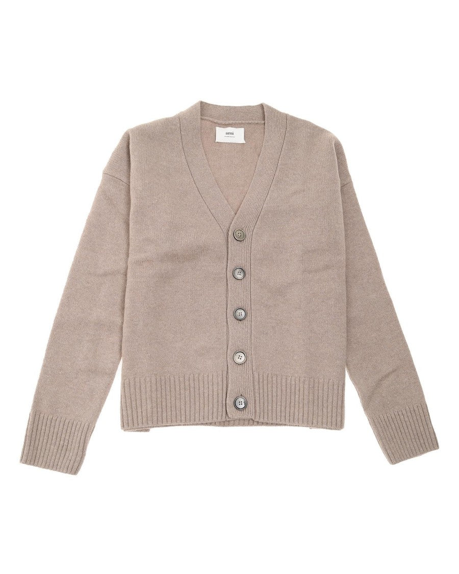 Ami Beige Wool-Cashmere Cardigan With Elbow Patches