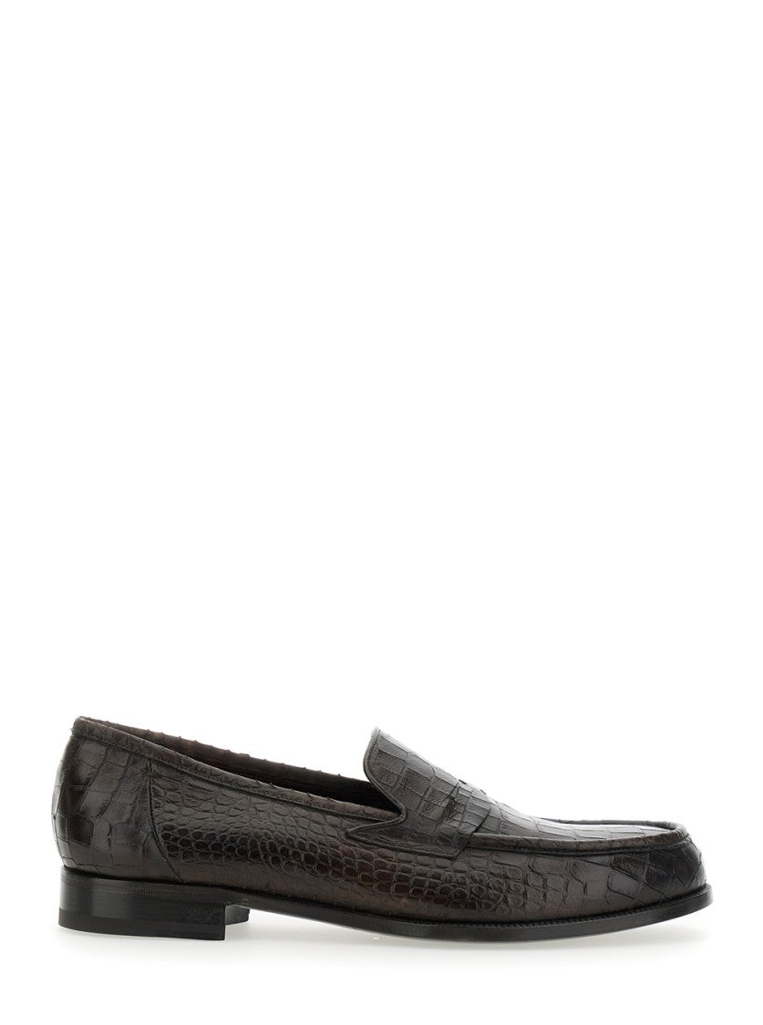 Lidfort Textured Crocodile Pattern Black Calf Leather Loafers