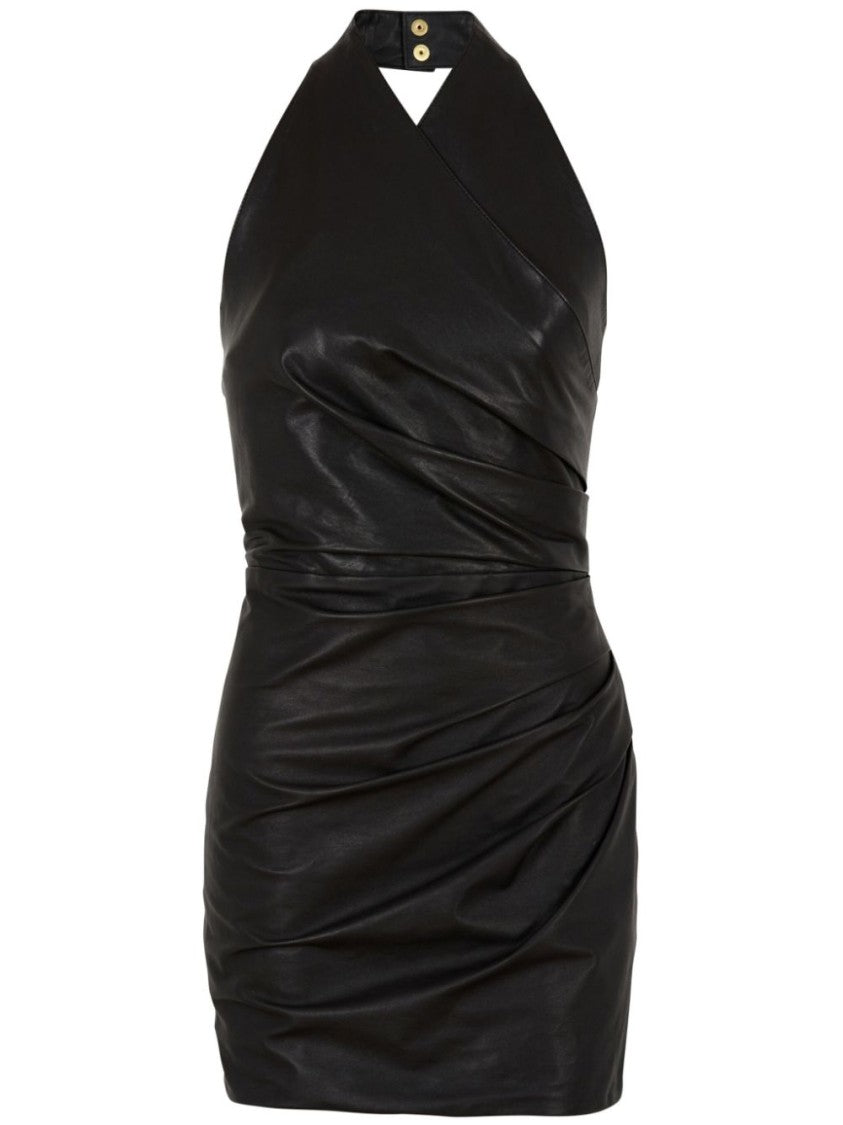 Balmain Draped Black Leather Halterneck Dress