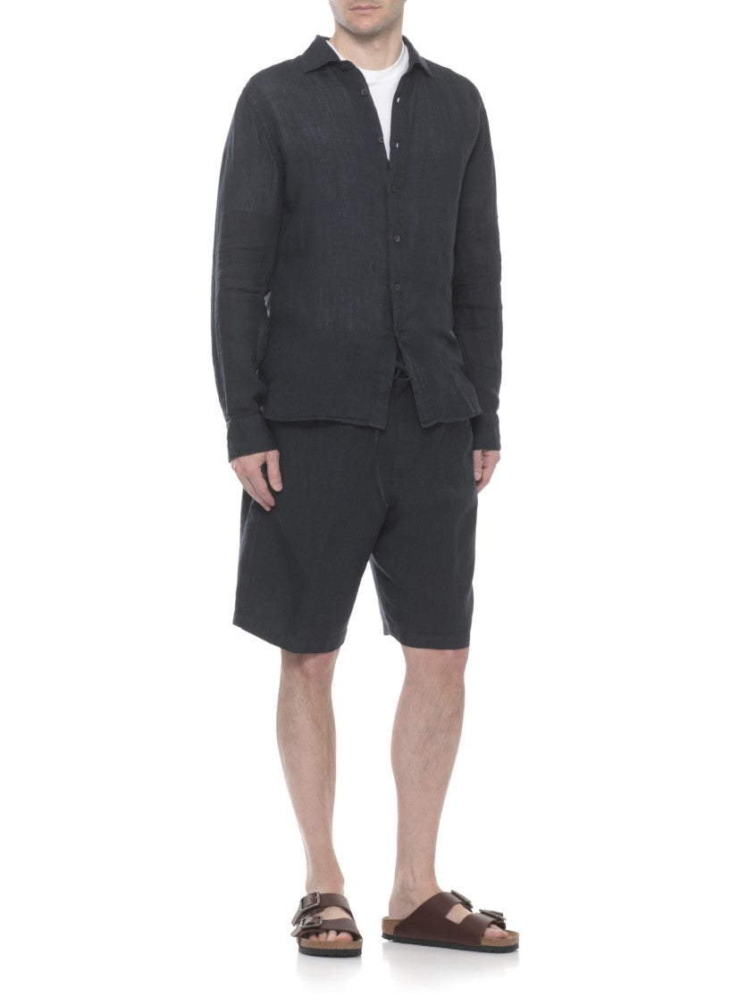 120% Lino Blue Drawstring Waist Linen Shorts