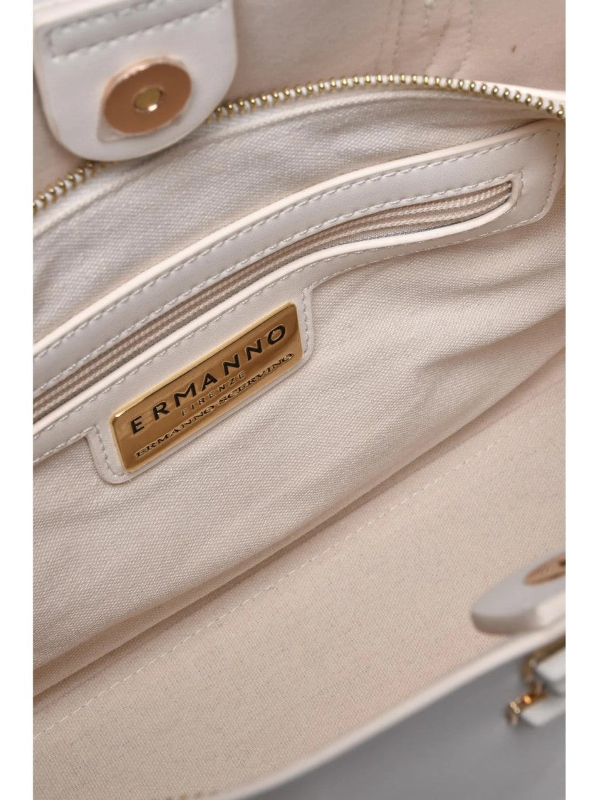 Ermanno Firenze Compact White Tote Bag With Clip Closure And Metallic Detail