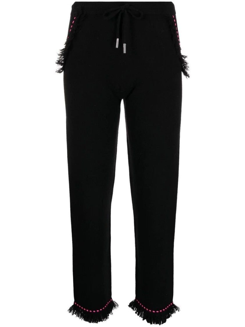 Max&Moi Relaxed Black Cashmere Trousers With Drawstring Waist And Fringed Detailing