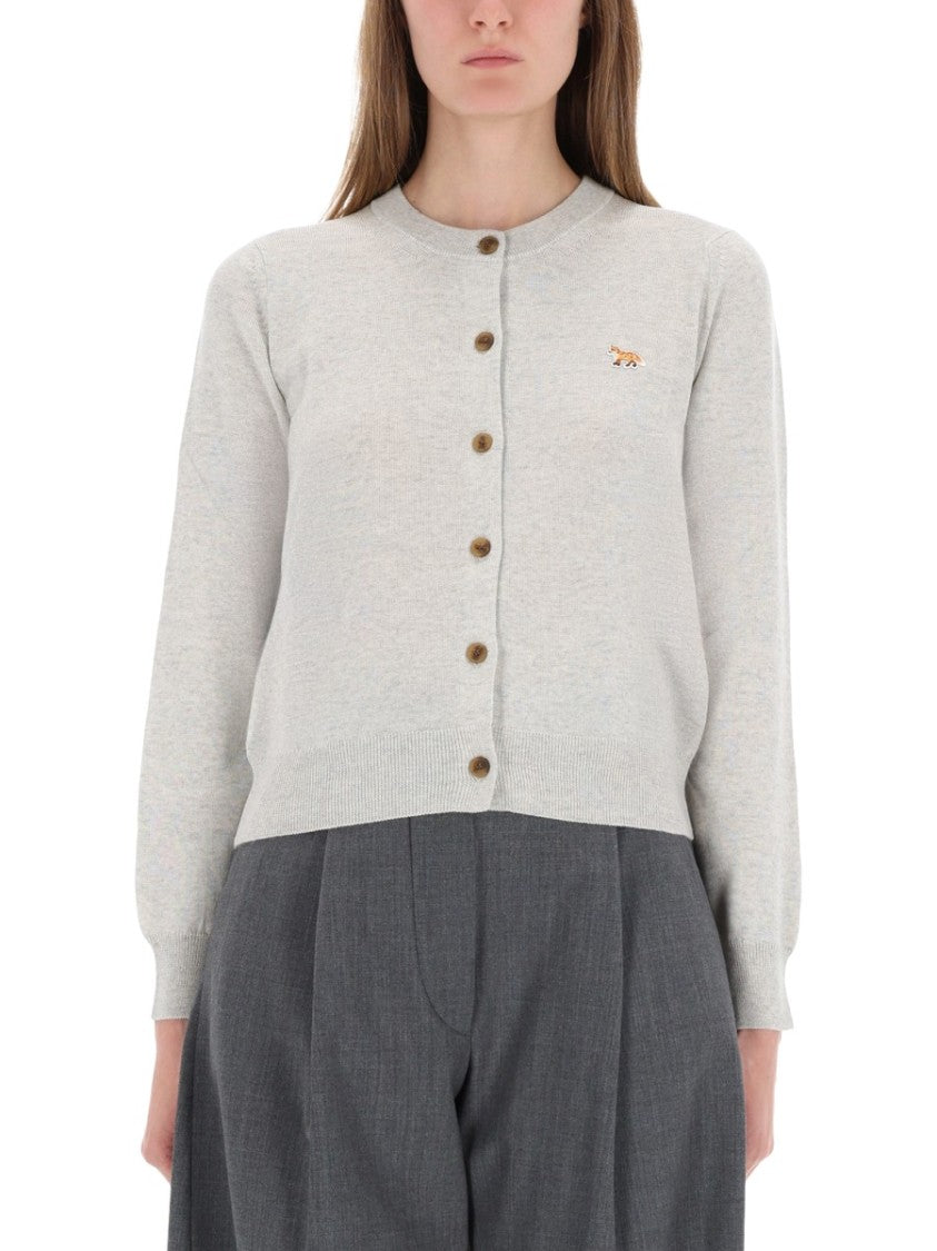 Maison Kitsuné Soft Light Grey Knit Cardigan With Embroidered Fox Detail