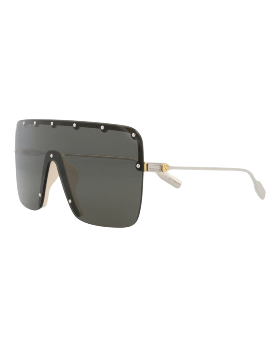 Gucci Shield-Frame Metal Sunglasses With Saddle Nose Bridge