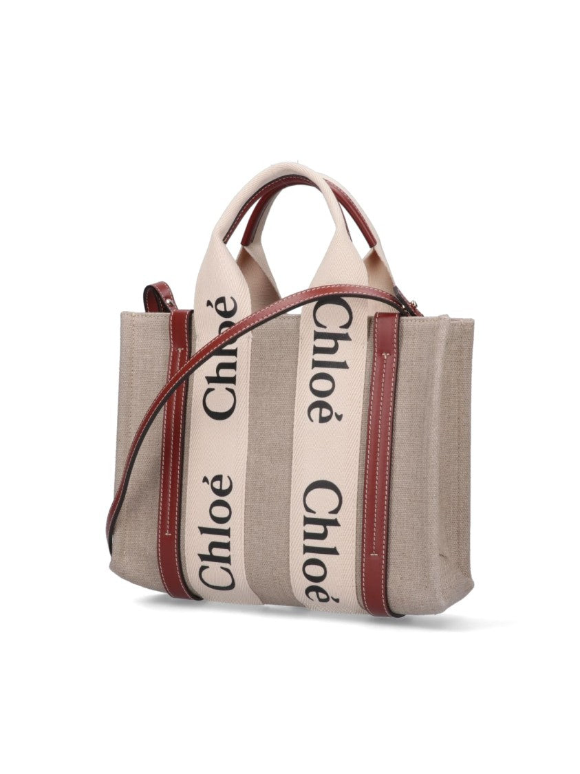 Chloé Woody Beige Linen Leather Trim Small Tote Bag
