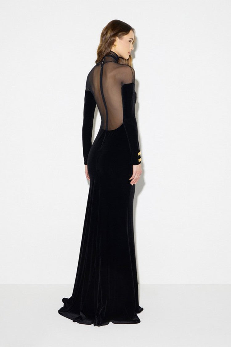 Elisabetta Franchi Black Polyester-Elastane Blend Sheer-Yoke Velvet Dress