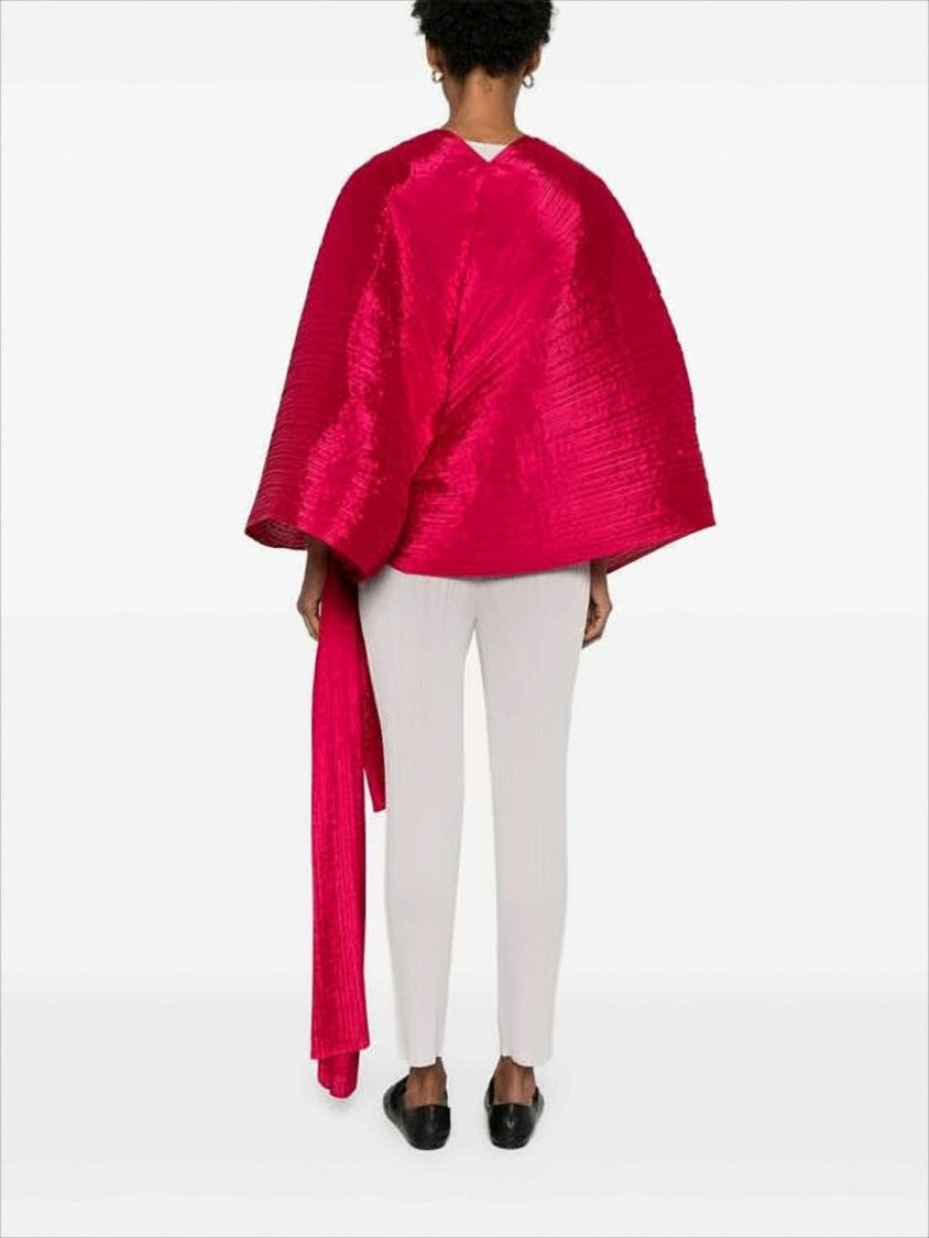 Pleats Please Asymmetrical Red Pleated Cape With Dynamic Silhouette