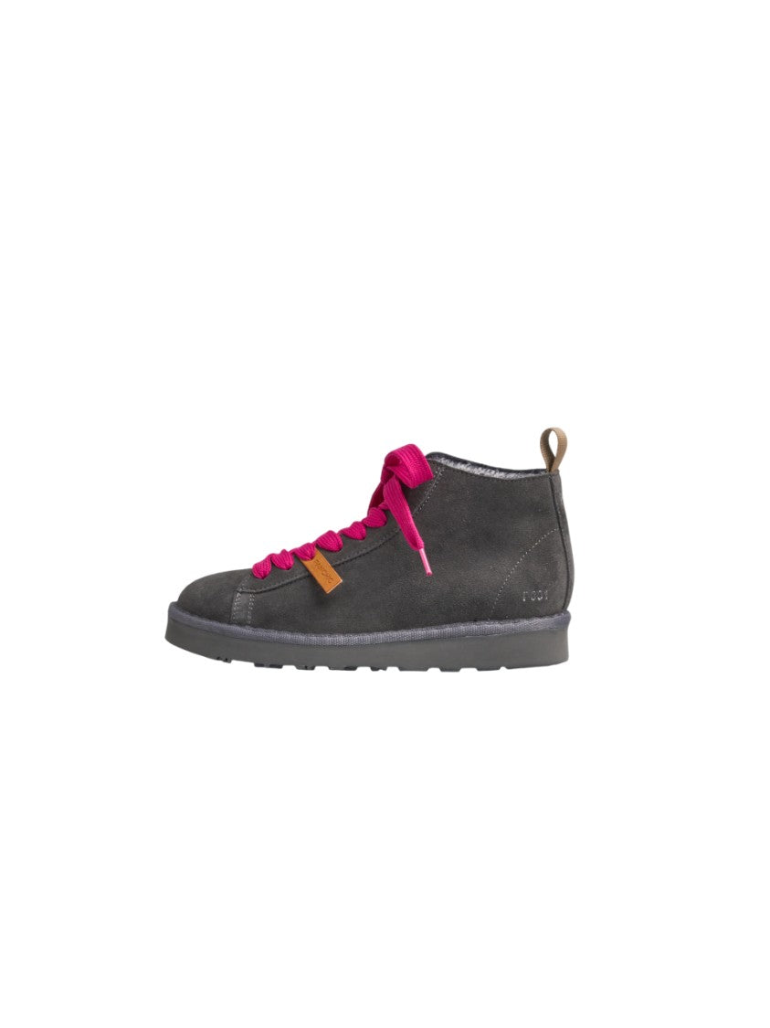 Panchic Anthracite Grey Suede Sneakers With Fuchsia Laces