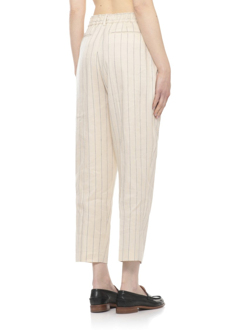 Pt Torino Ivory Striped Linen-Cotton Pants