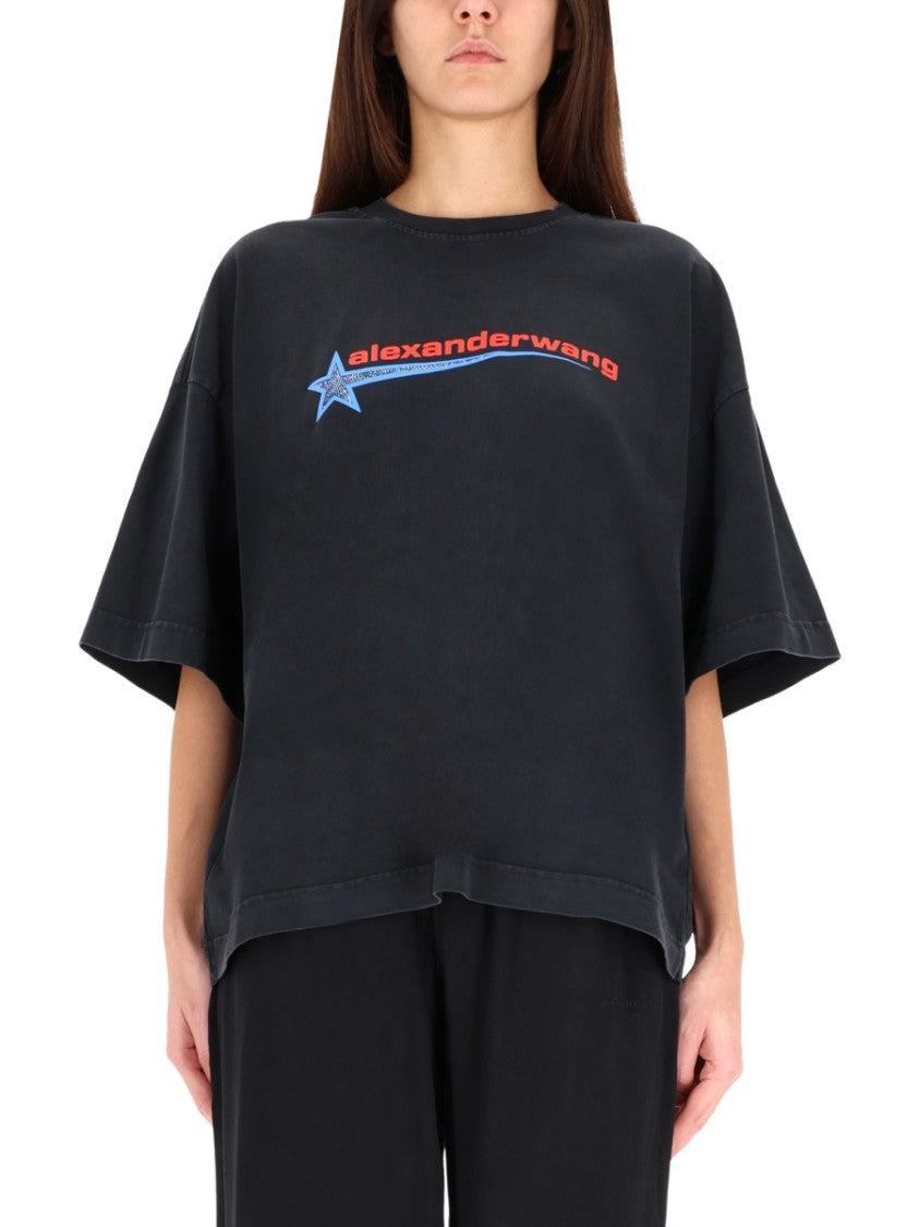 Alexander Wang Loose-Fitting Black T-Shirt With Graphic Design And Uneven Hem
