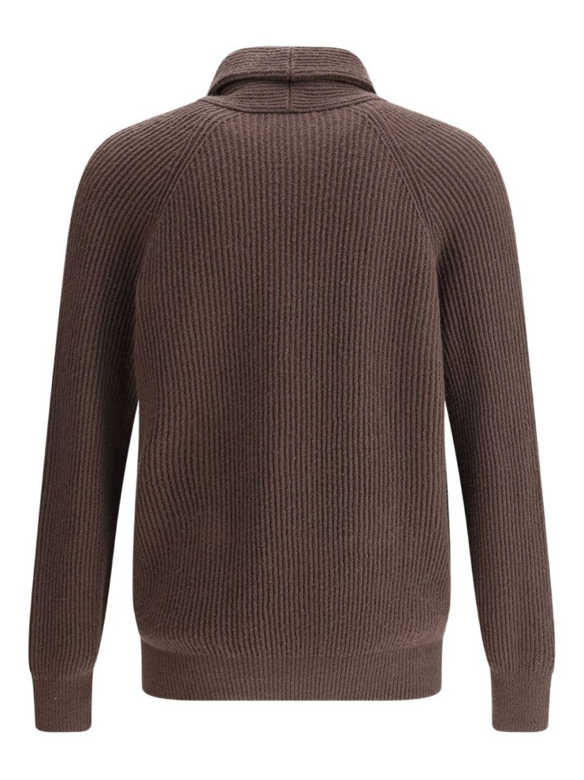 Brunello Cucinelli Shawl Collar Ribbed Knit Sweater