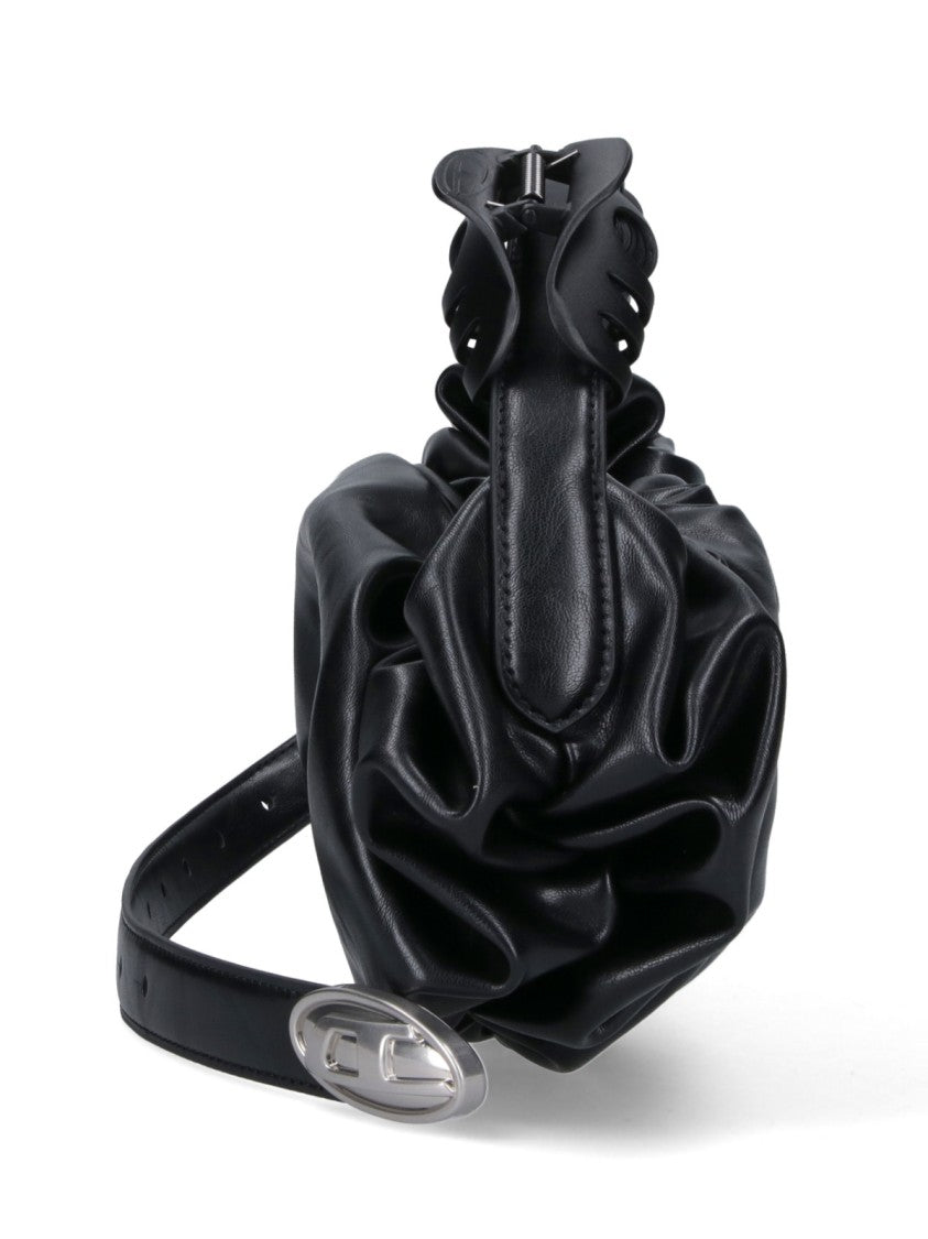 Diesel Ruched Black Fabric Shoulder Bag With Adjustable Strap
