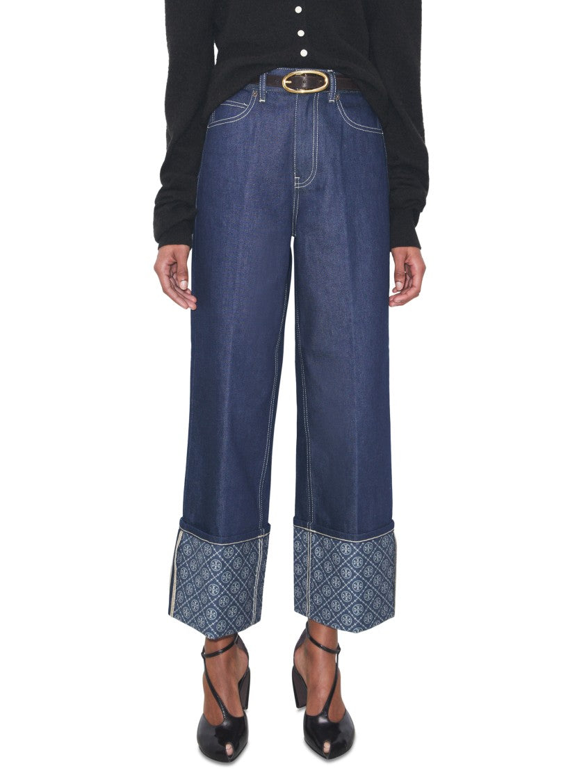 Tory Burch Contrast Cuff Straight Leg Jeans With Mid-Rise Waist