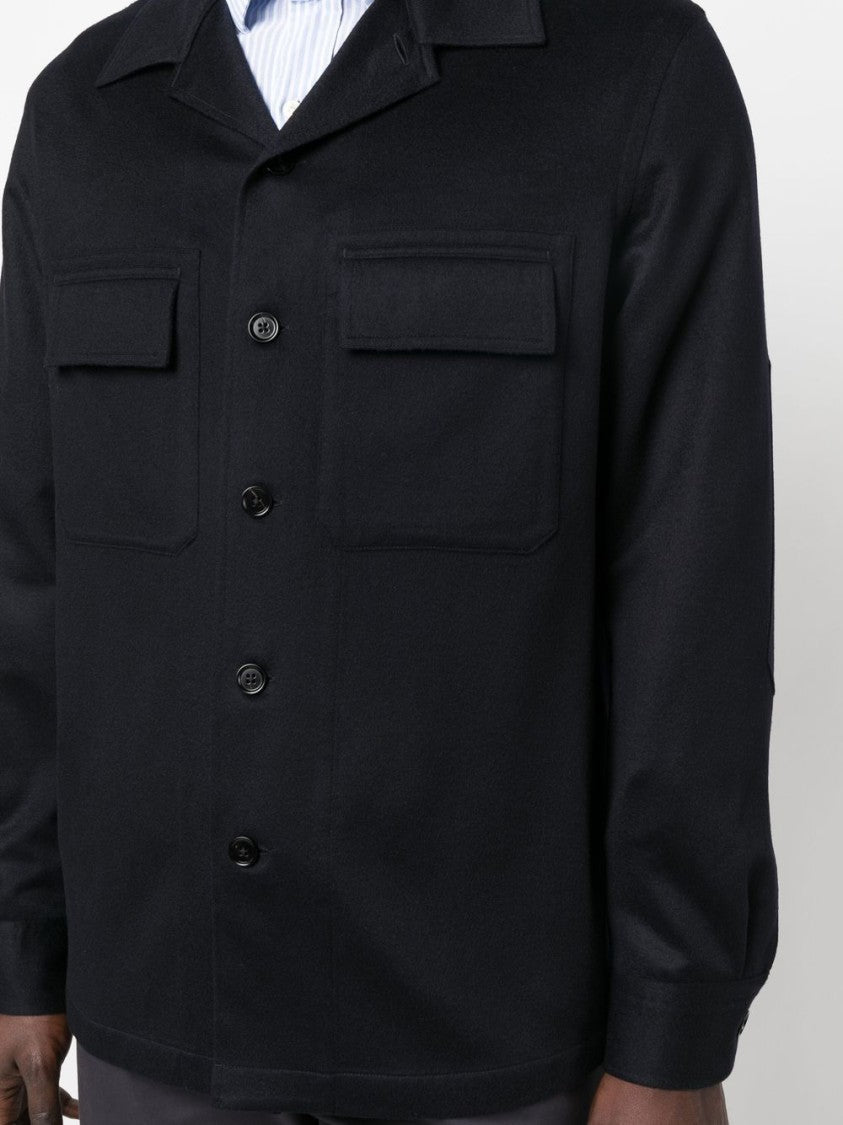 Zegna Navy Blue Cashmere Overshirt With Classic Collar And Flap Pockets