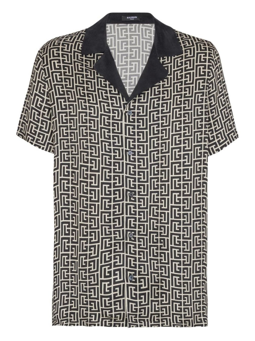 Balmain Black Monogram Button Short Sleeve Shirt