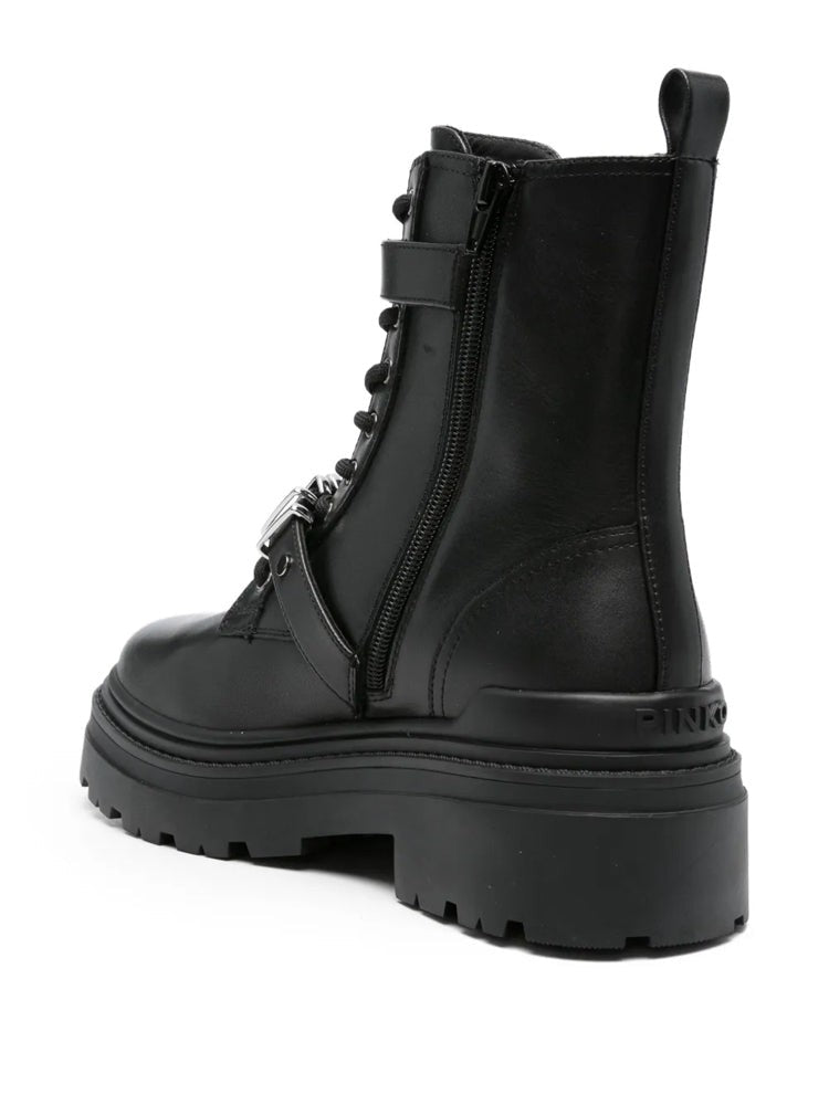 Pinko Black Mia 19 Lace-Up Buckle Straps Calf Leather Ankle Boots