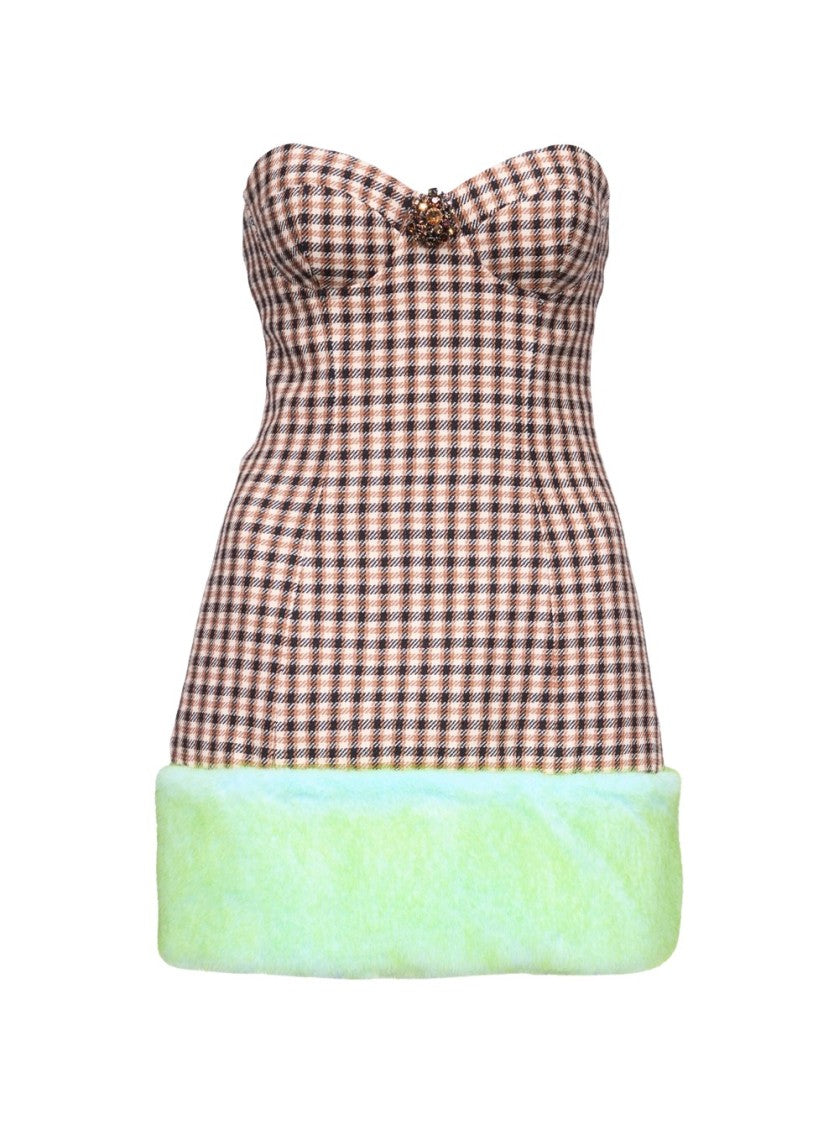 Area Faux Fur Trim Strapless Mini Dress