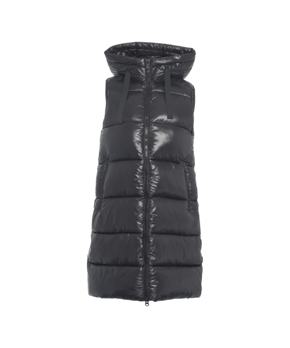 Save The Duck Long Quilted Gilet With Protective Hood And Dual-Slider Zipper