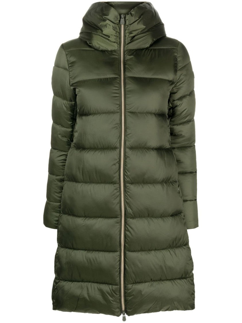 Save The Duck Dark Green Padded Coat With Appliqué Logo And Two-Way Zip