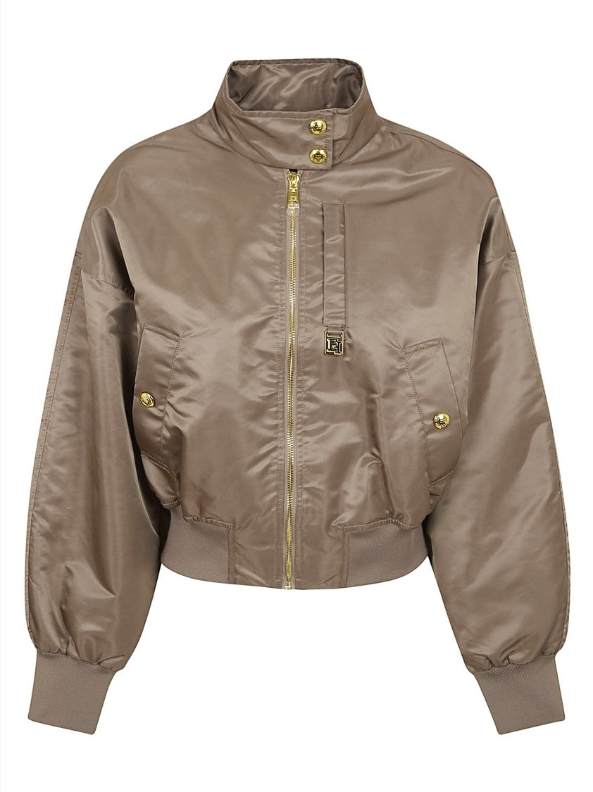 Elisabetta Franchi Oversized Brown Nylon Bomber Jacket