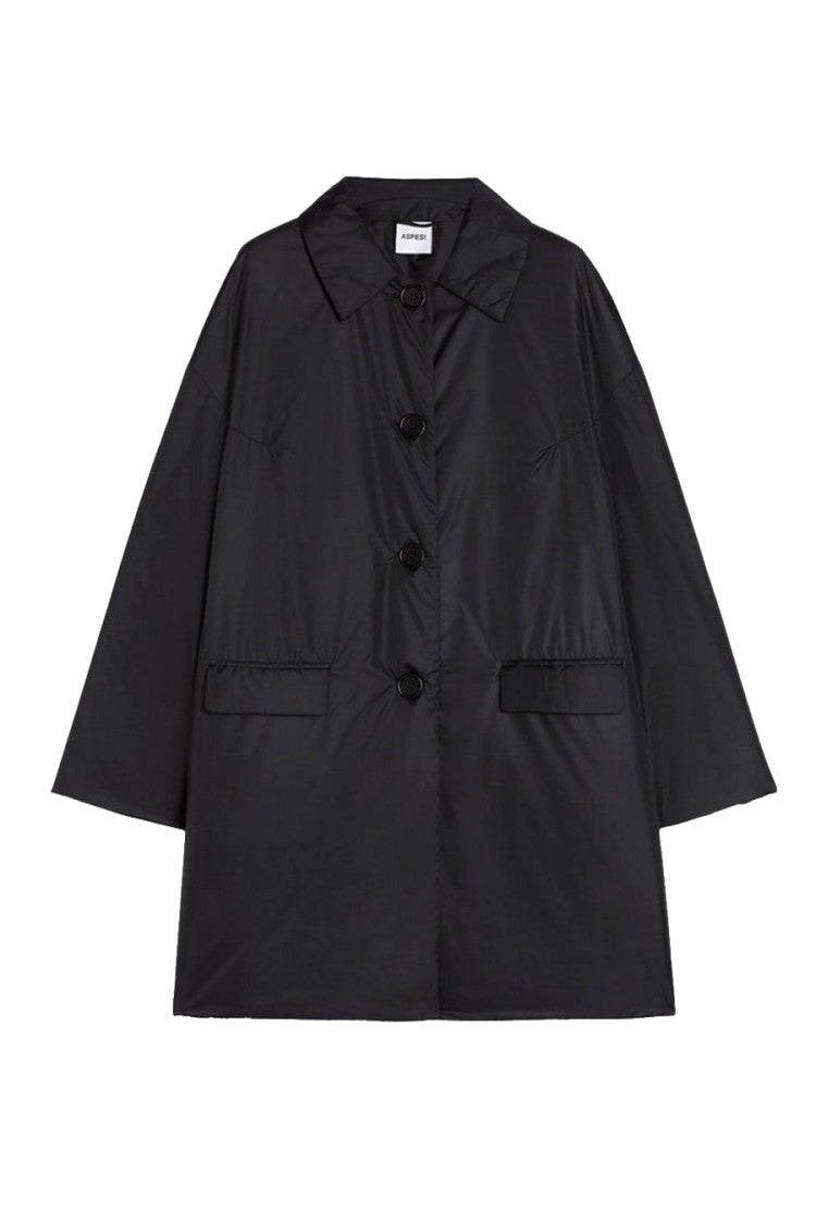Aspesi Black Teena Polyamide Four-Button Coat