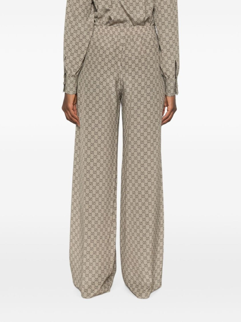 Gucci Monogram High-Waisted Wide-Leg Silk Pants