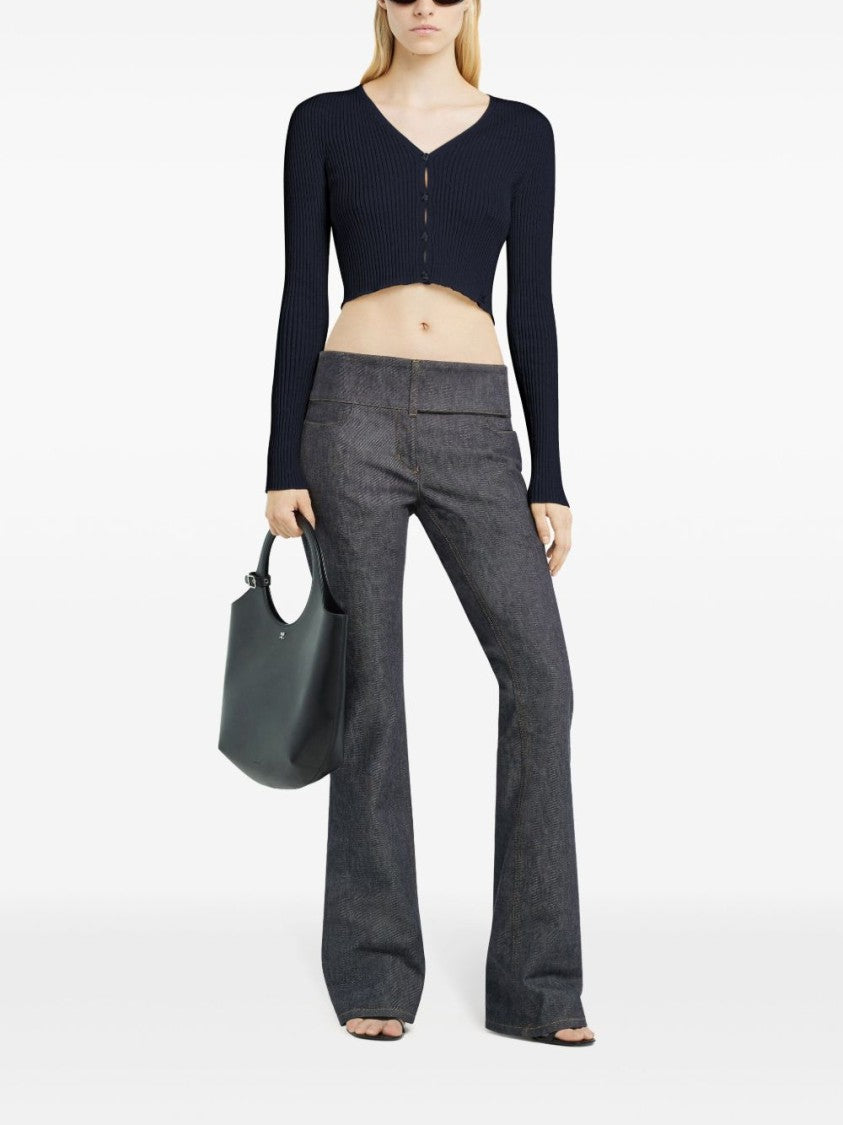 Courrèges Navy Blue Appliqué Logo V-Neck Sweater