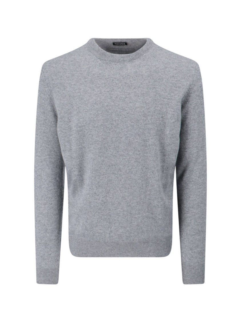 Zegna Cashmere Sweater Gray Crew Neck Ribbed Trim