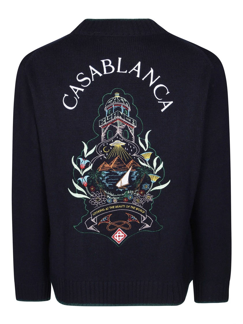 Casablanca Embroidered Blue Knit Cardigan With V-Neck Design