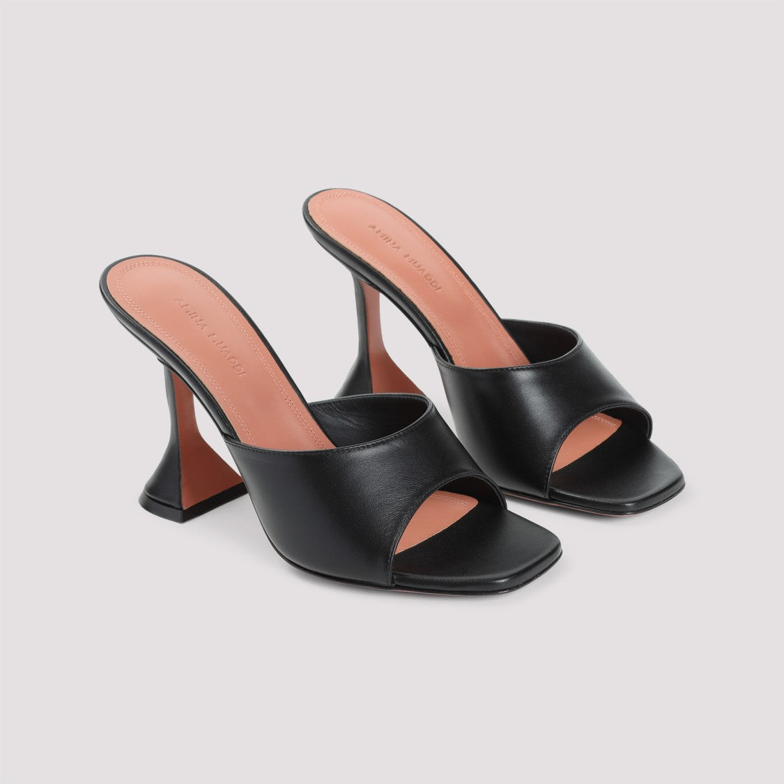 Amina Muaddi Sculpted Heel Black Nappa Leather Slippers