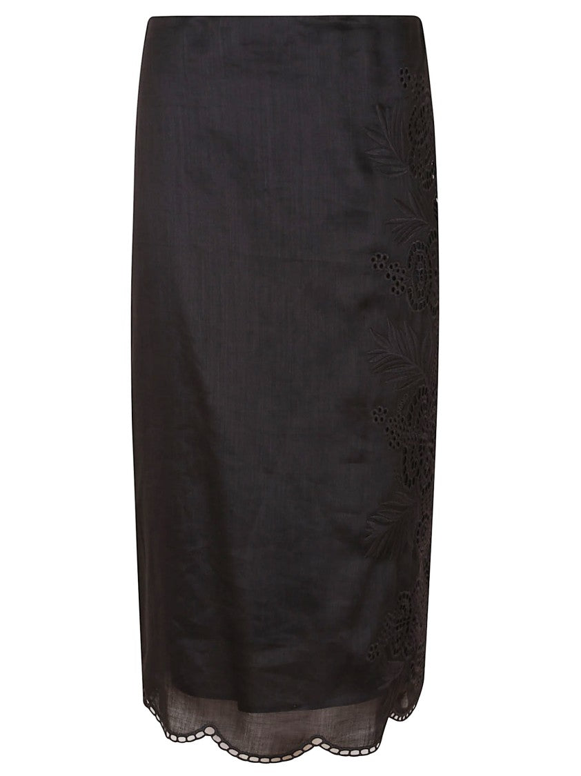Max Mara Intricate Embroidered Black Midi Skirt With Scalloped Hem