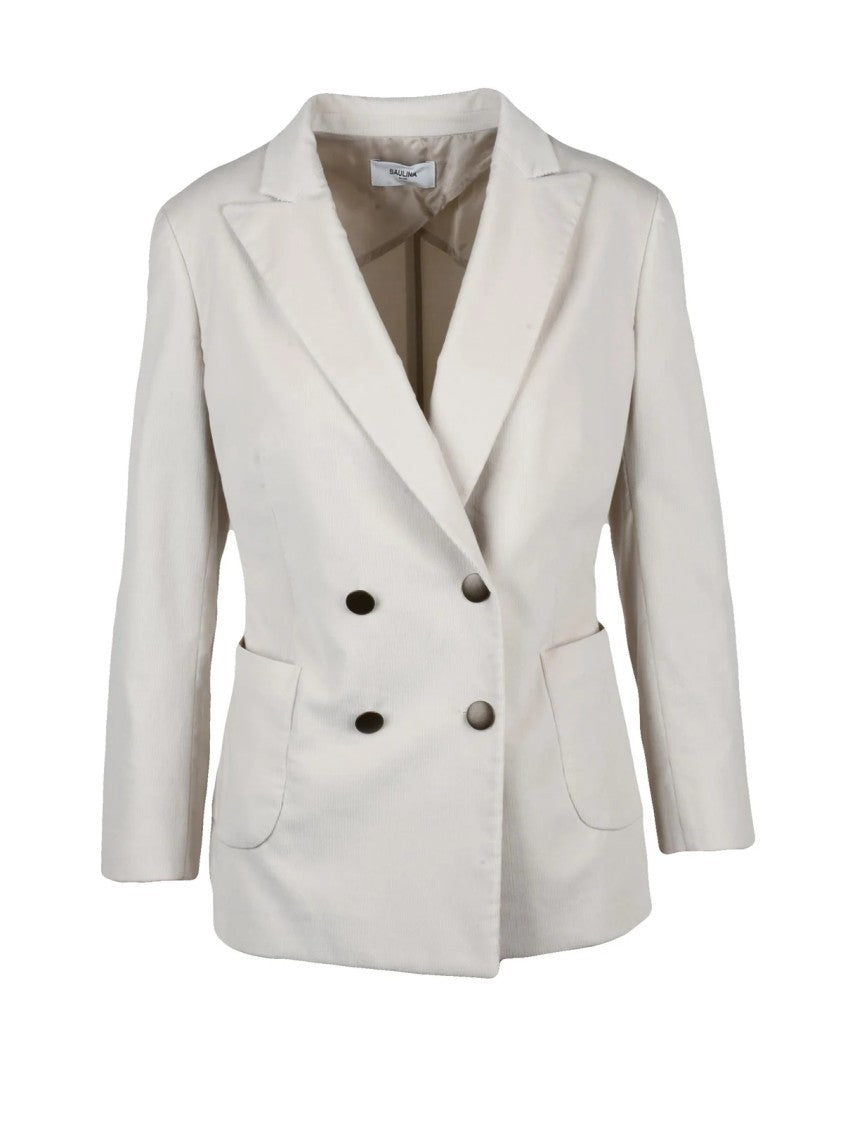 Saulina Beige Double-Breasted Cotton-Blend Velvet Blazer