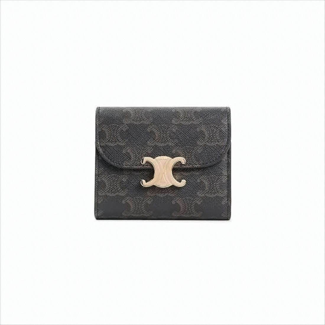 Celine Textured Calf Leather Compact Wallet With Gold-Tone Clasp