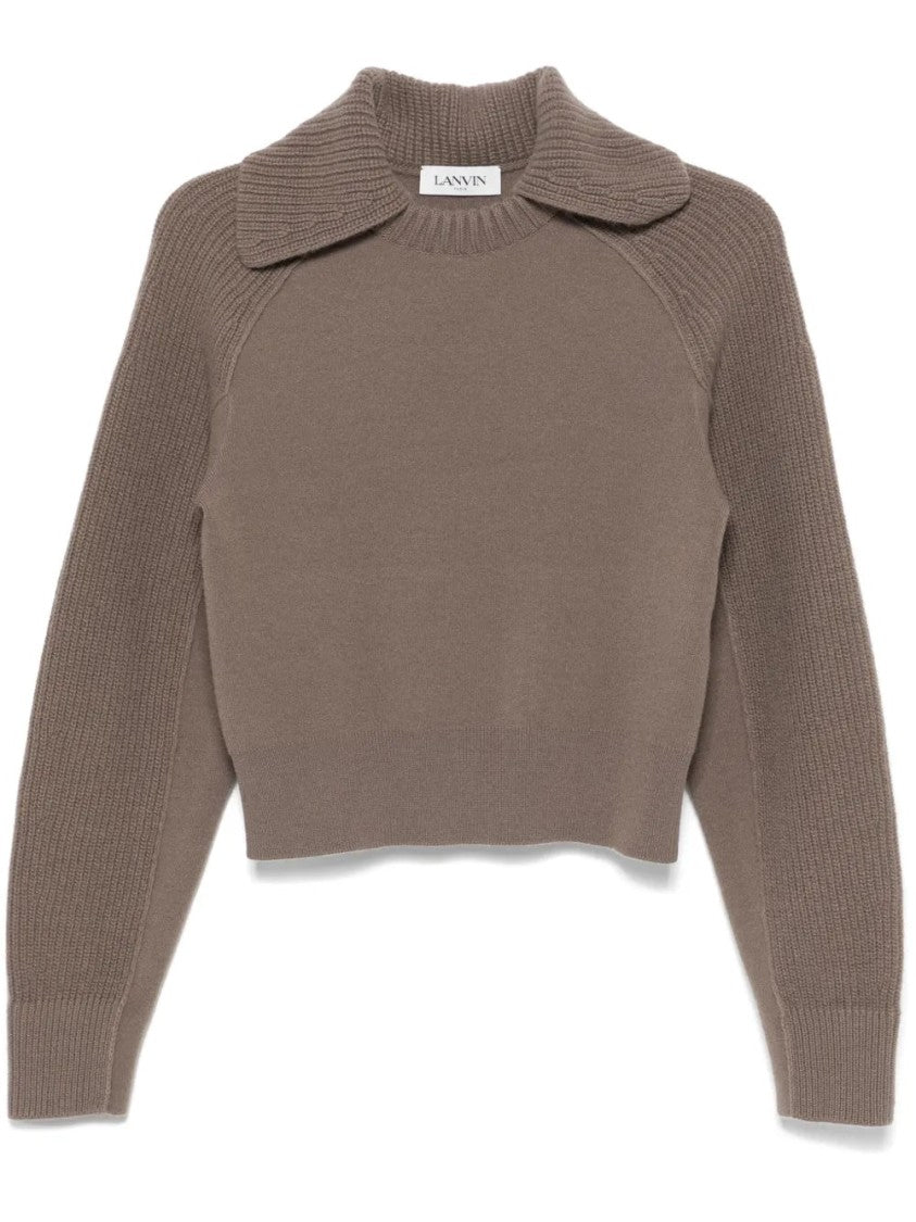 Lanvin Cropped Beige Ribbed Sleeve Sweater With Distinctive Collar