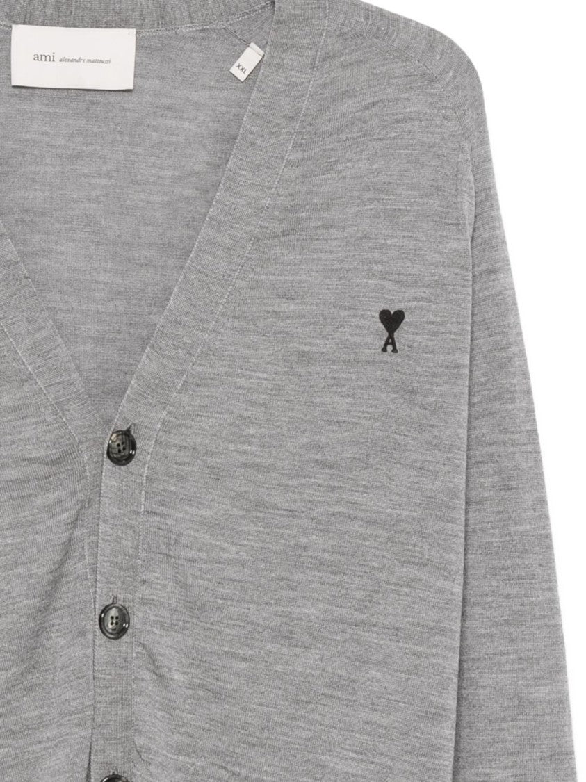 Ami Paris Grey V-Neck Button Front Logo Sweater