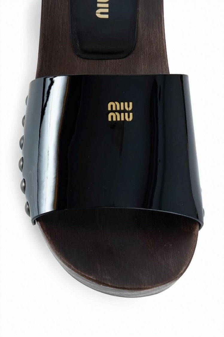 Miu Miu Patent Leather Slide Sandals With Studded Accents