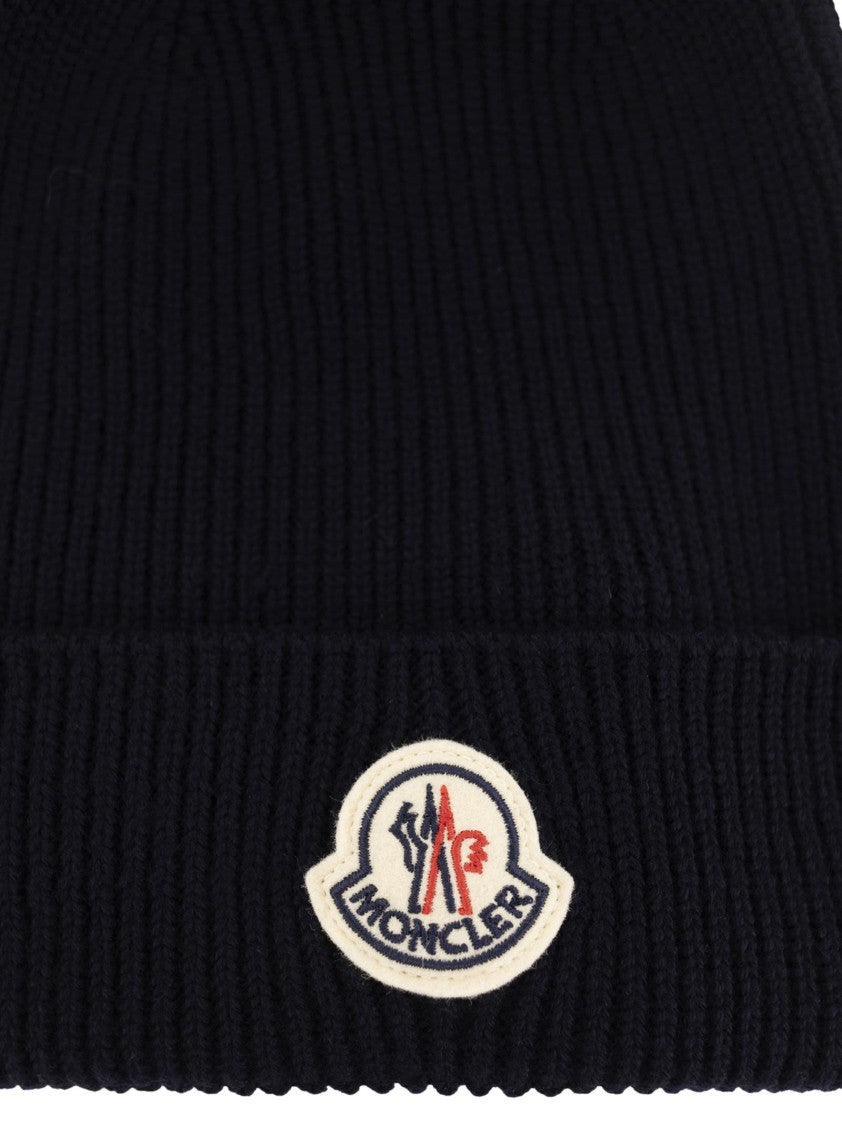 Moncler Ribbed Knit Wool Beanie With Iconic Logo Patch