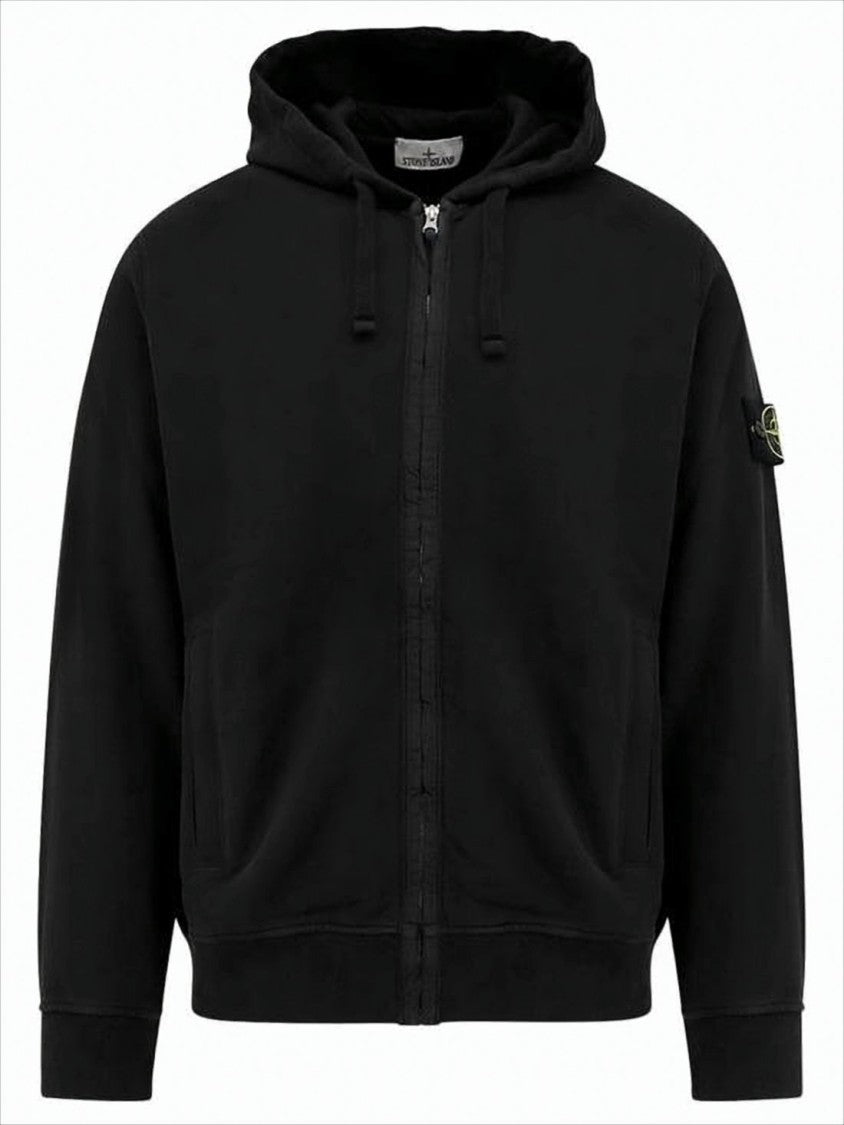 Stone Island Black Zip-Up Hoodie With Distinctive Embroidered Patch