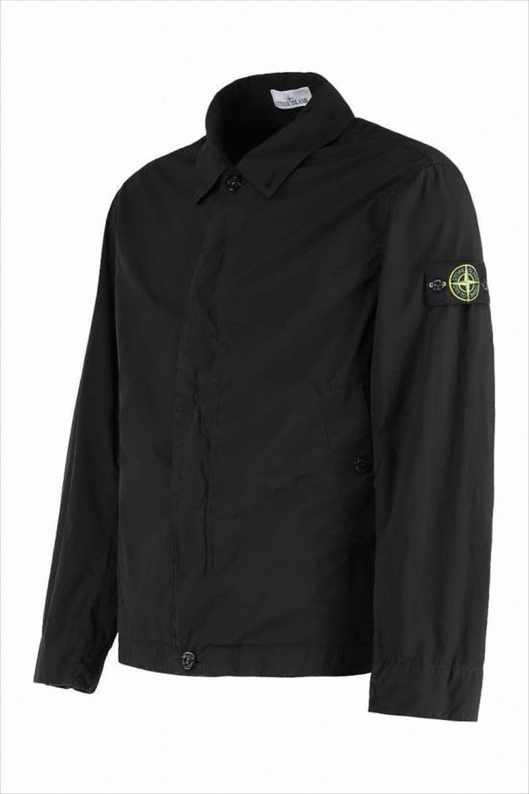 Stone Island Cropped Black Jacket With Classic Collar And Concealed Placket