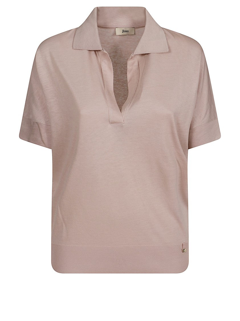 Herno Buttonless Collar Polo In Light Pink Jersey