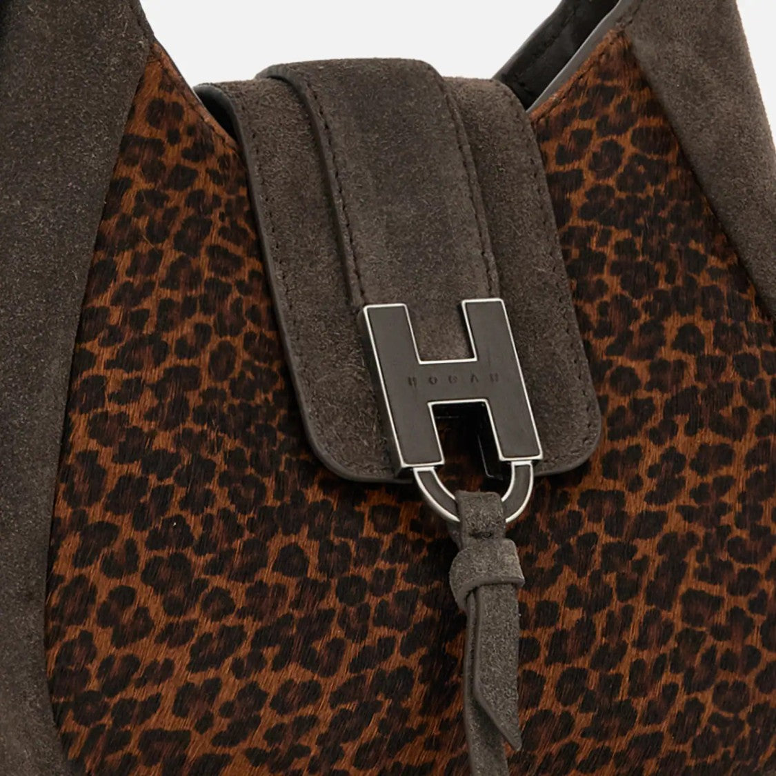 Hogan Leopard Print Suede Curved Medium Shoulder Bag