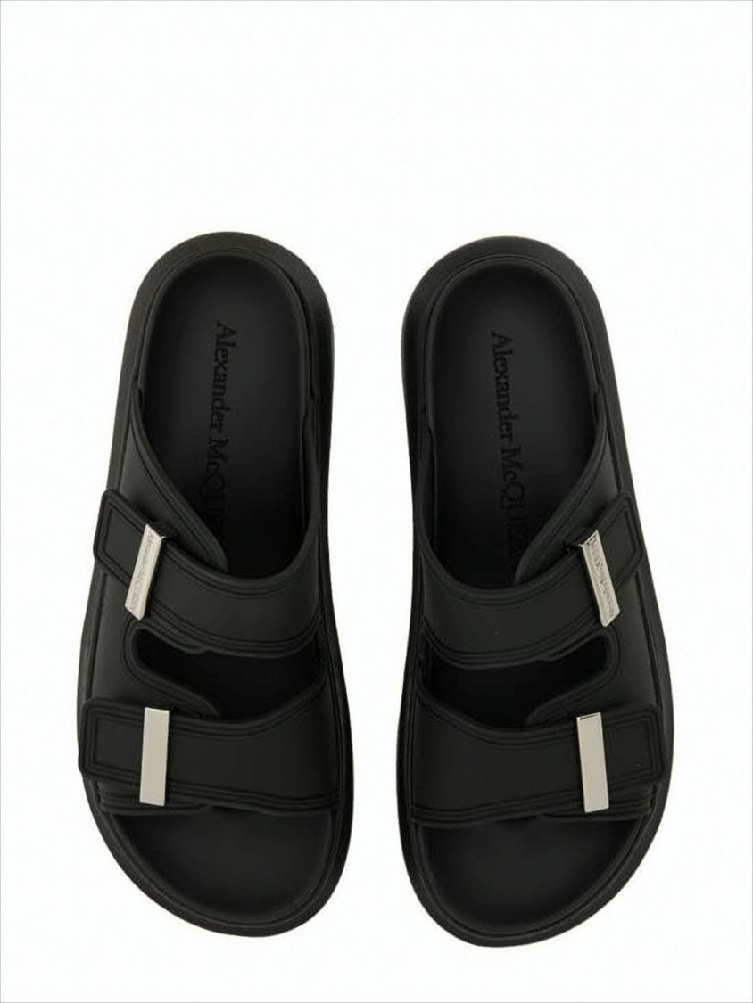 Alexander Mcqueen Black Rubber Slip-On Mules With Adjustable Straps