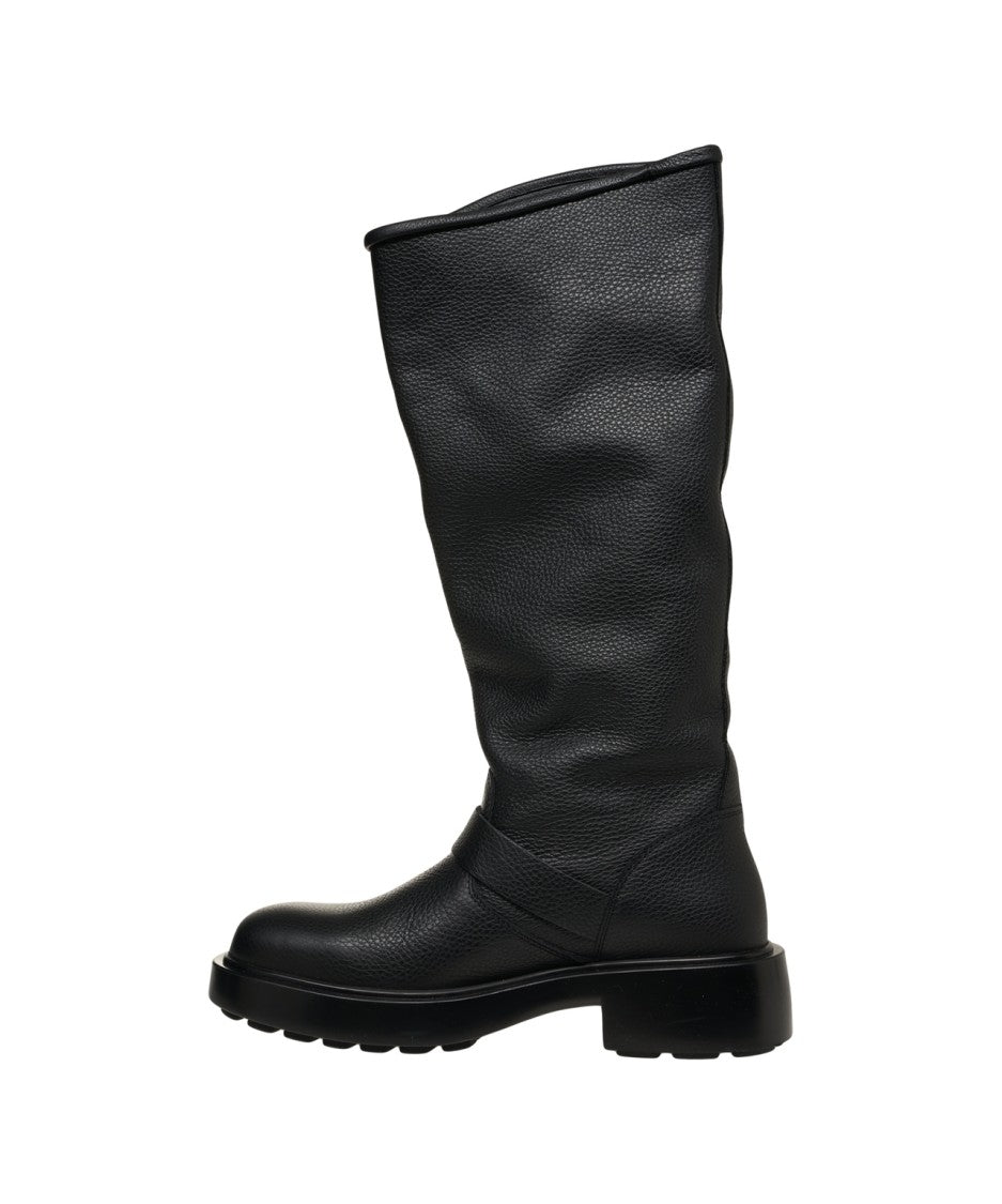 Copenaghen Textured Black Leather Biker Boots With Decorative Strap