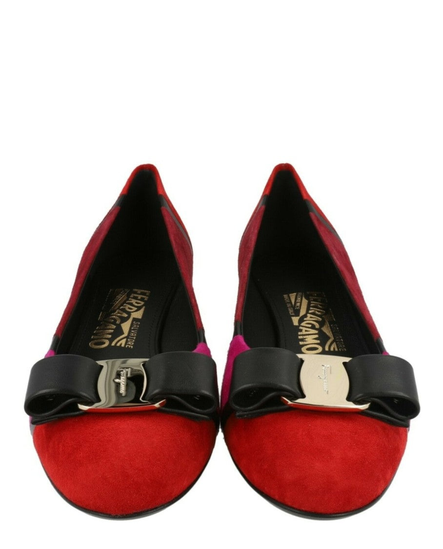 Ferragamo Vara Patchwork Suede Pumps With Block Heel And Bow Accent