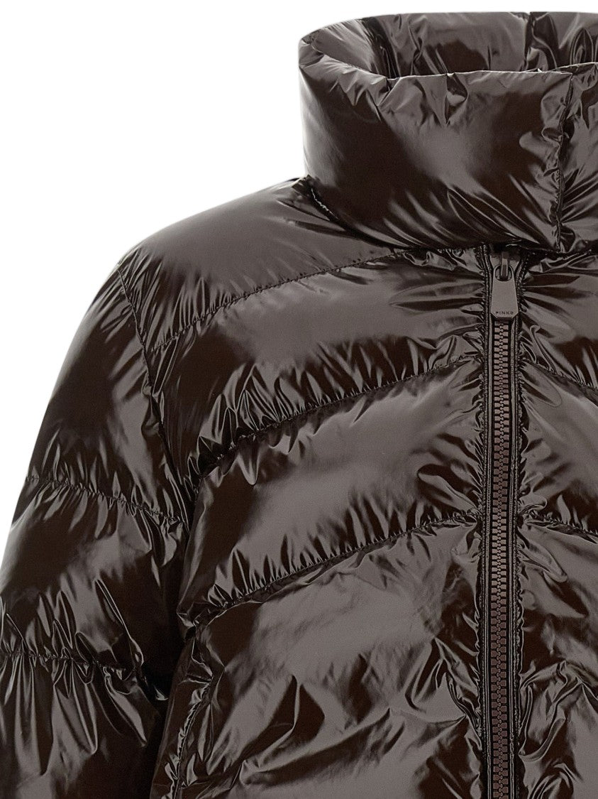 Pinko Dark Brown High Collar Quilted Nylon Down Jacket