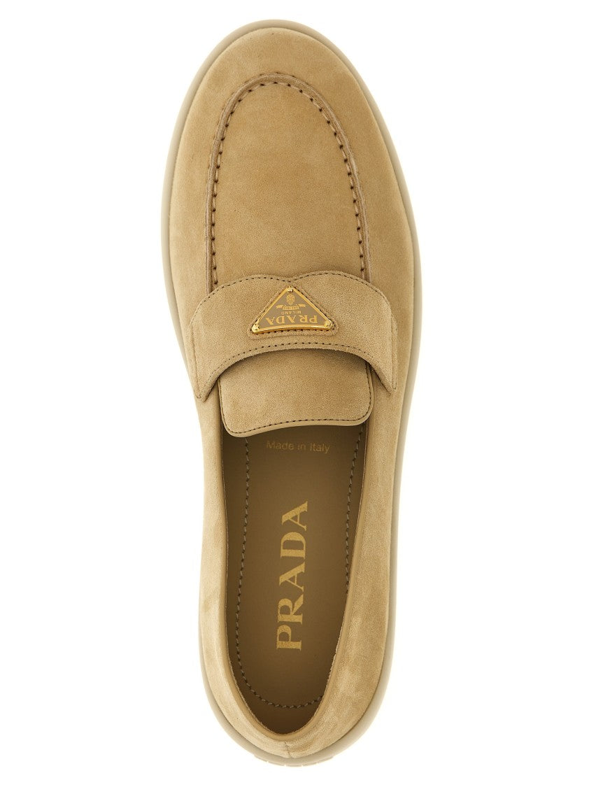 Prada Brown Suede Loafers With Enameled Metal Logo