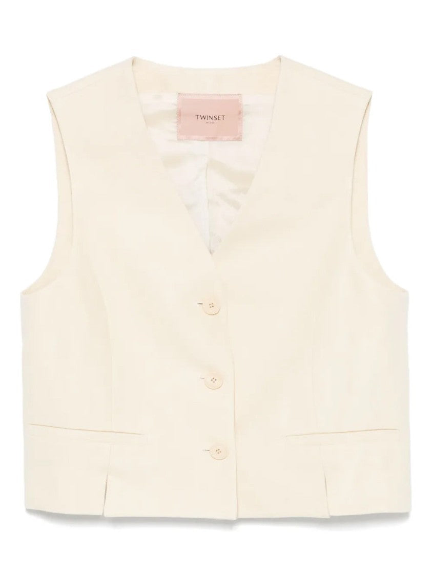 Twin-Set Classic Beige Woven Gilet With Button Closure