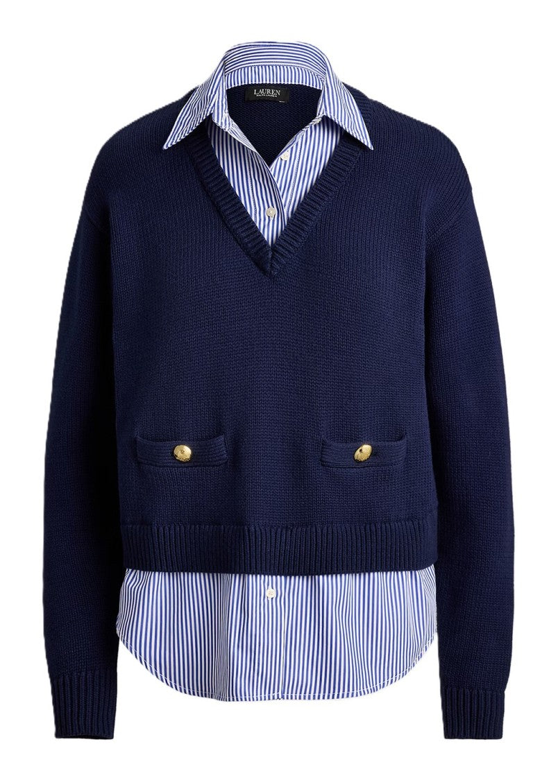 Lauren Ralph Lauren Blue Combed Cotton Pullover Sweater