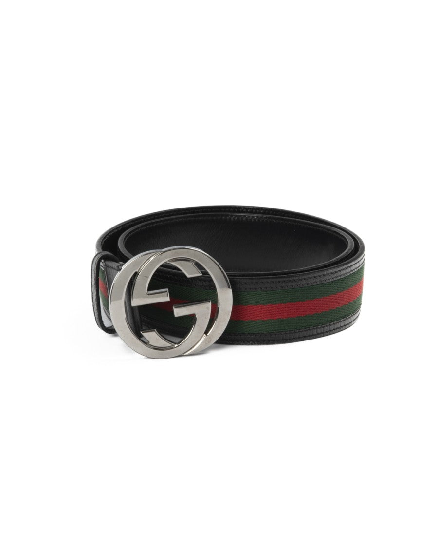 Gucci Interlocking Double-G Buckle Belt In Green And Red Web