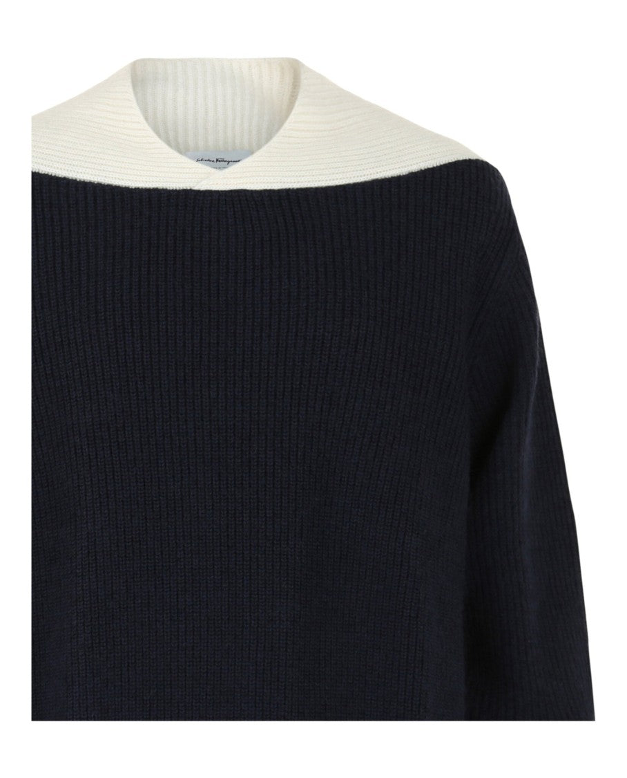 Ferragamo Two-Tone Relaxed Knit Sweater With V-Neck